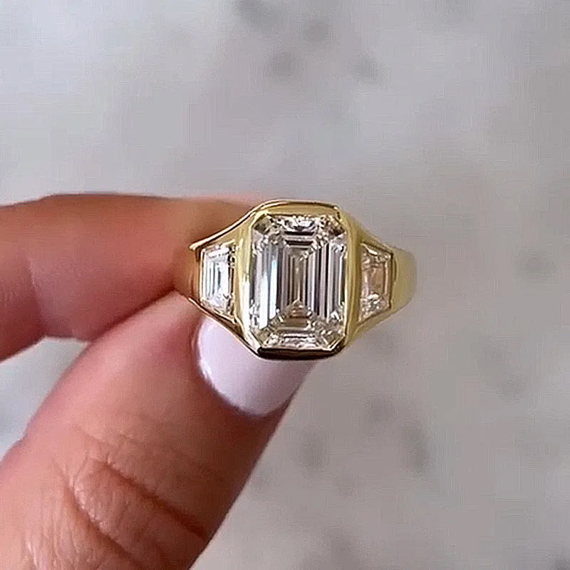 4.5ct Three Stone Emerald Cut All Over Bezel Set Yellow Gold Engagement Ring