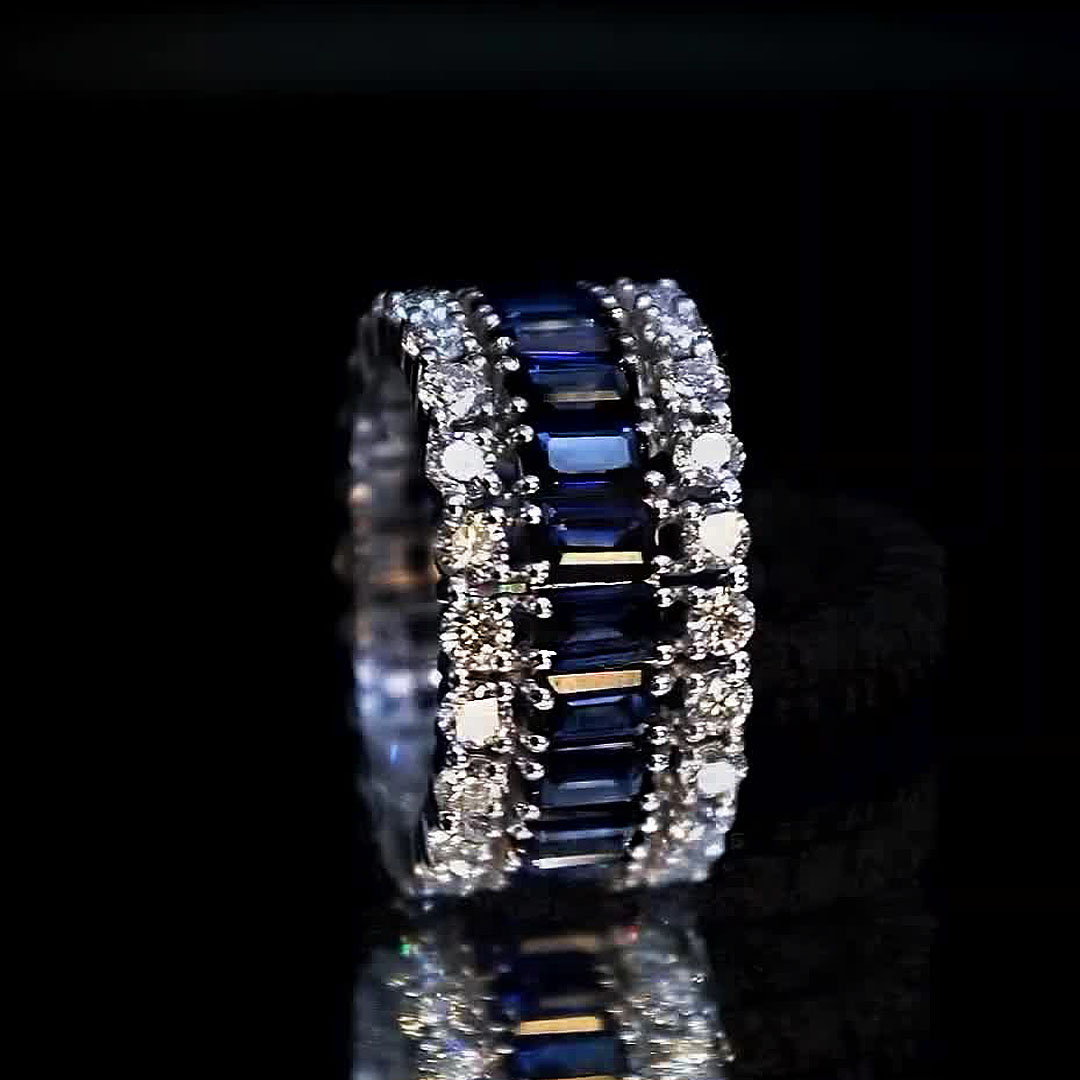 7.35ct Emerald Cut Blue Sapphire Eternity Ring