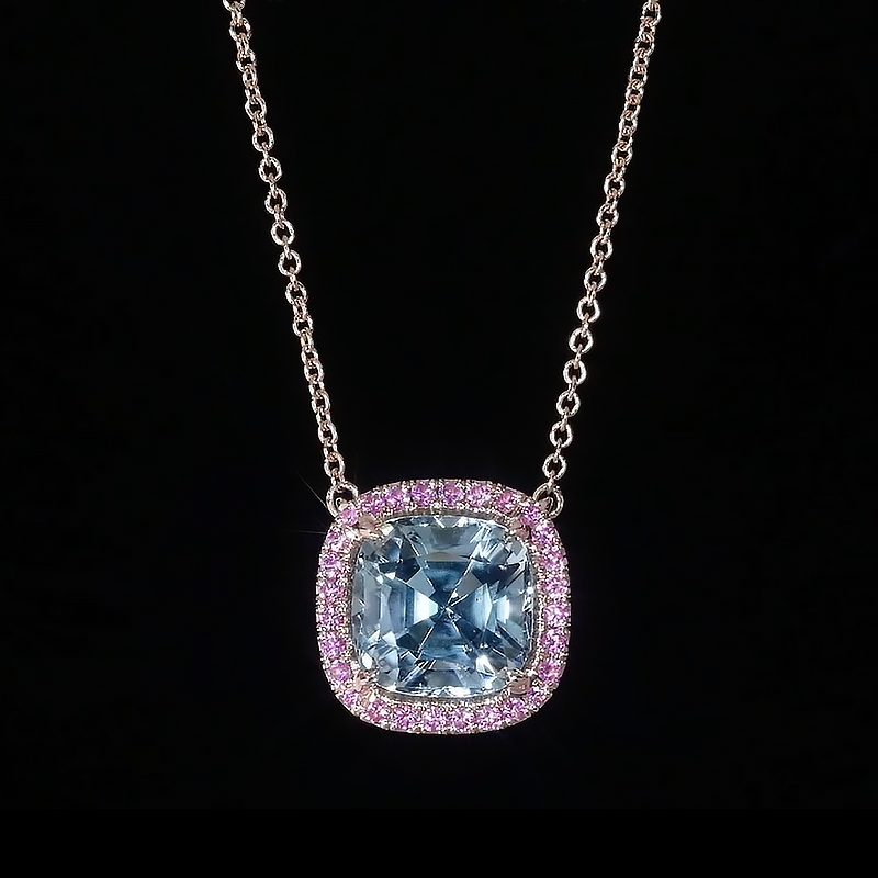 Pink Halo Cushion Cut Aquamarine Sapphire Pendant Necklace