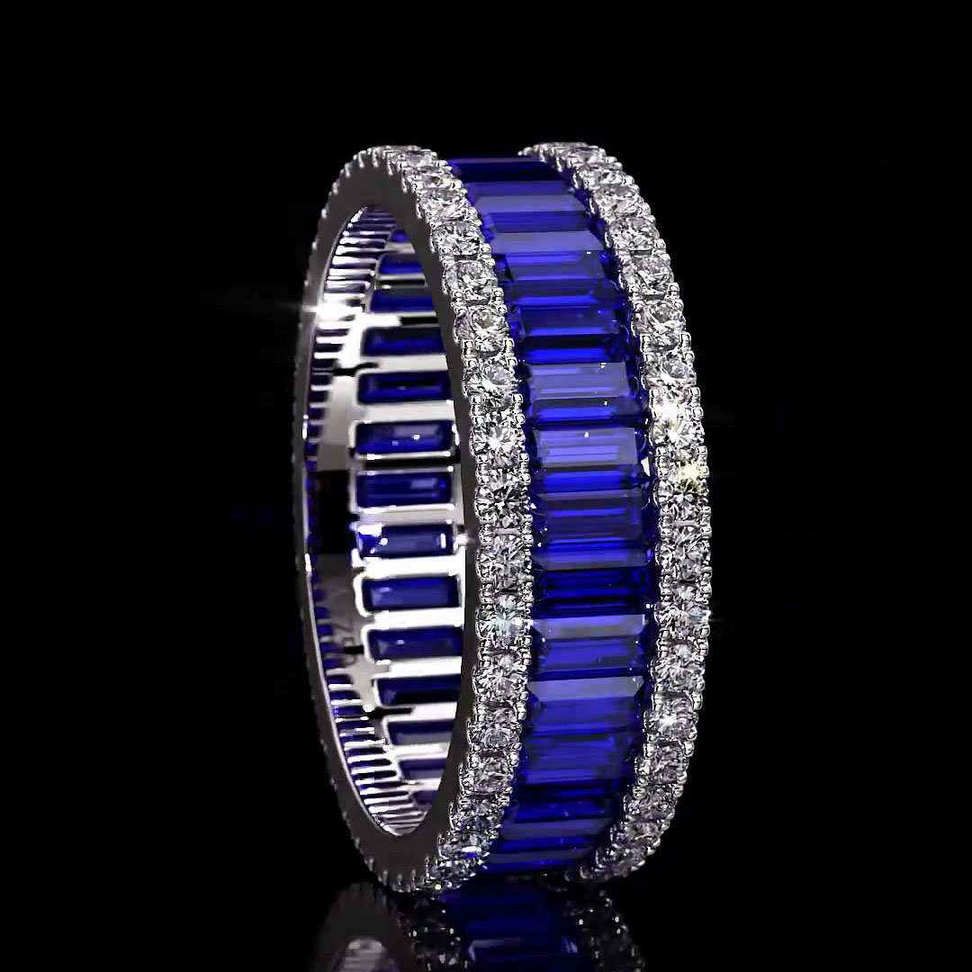 6.25ct Emerald Cut Blue Sapphire Eternity Ring