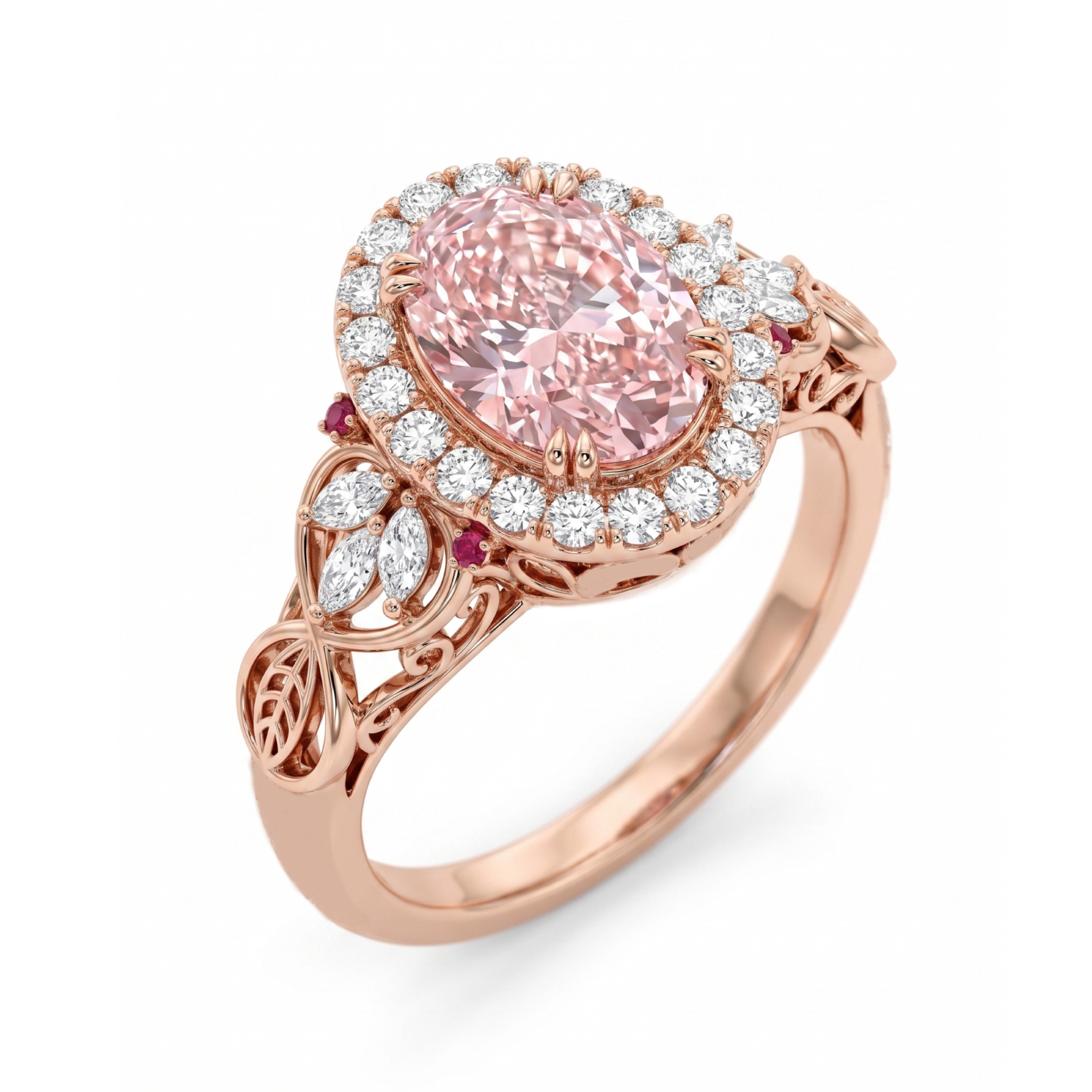 Original Design - Oval Cut Pink Sapphire & White Moissanite Engagement Ring