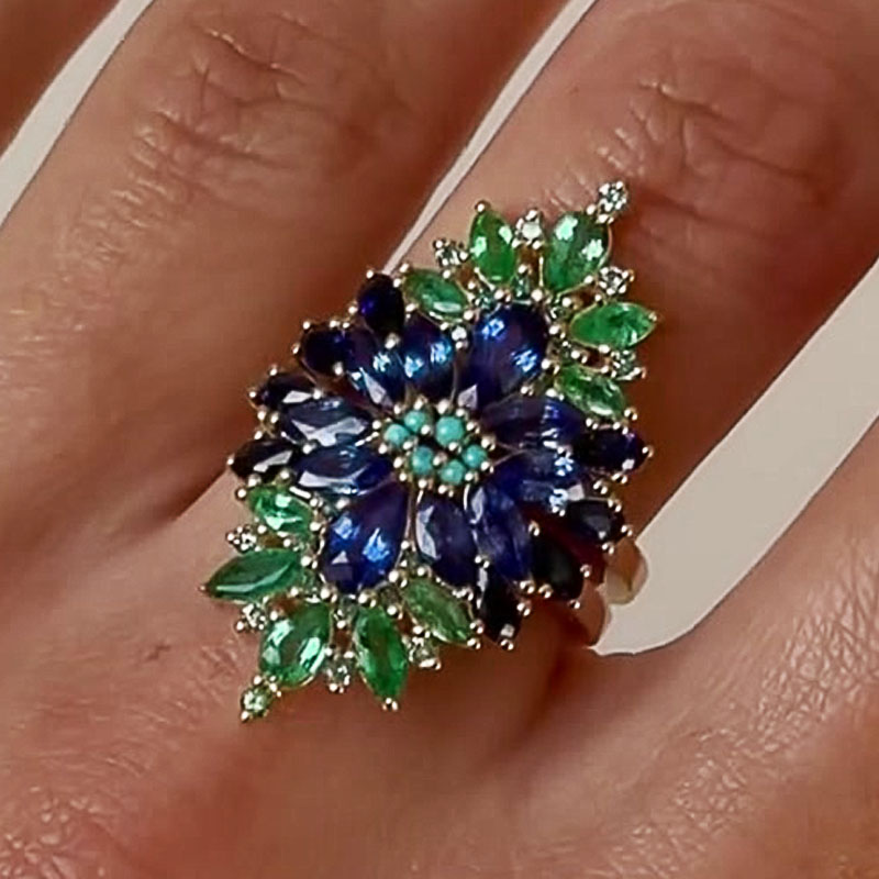7.25ct Floral Multi-Cut Emerald&Blue Sapphire Ring Set