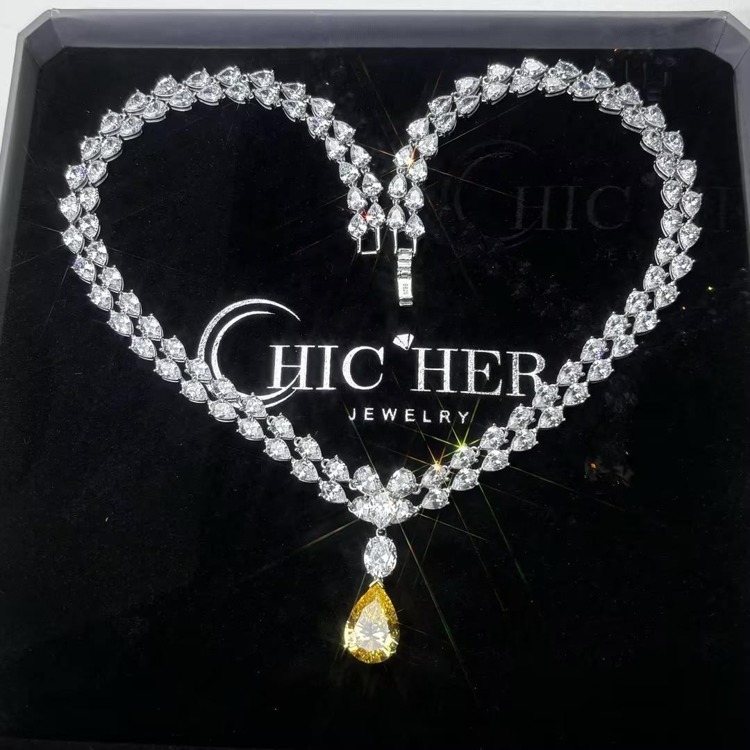 Two Tone Pear Cut Yellow & Two Row White Sapphire Occasion Necklace