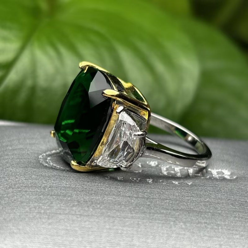 5ct Cushion Cut Emerald Sapphire Three-stone Ring