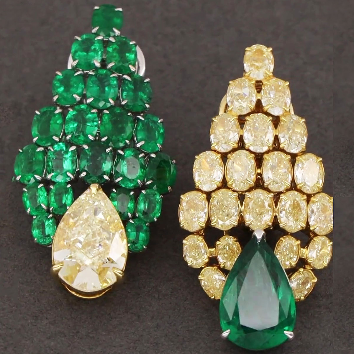Art Deco Pear And Oval Cut Emerald&Yellow Sapphire Earrings