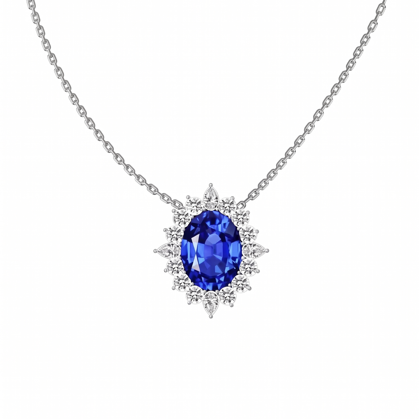 Original Design - Oval Cut Blue Sapphire & White Moissanite Necklace
