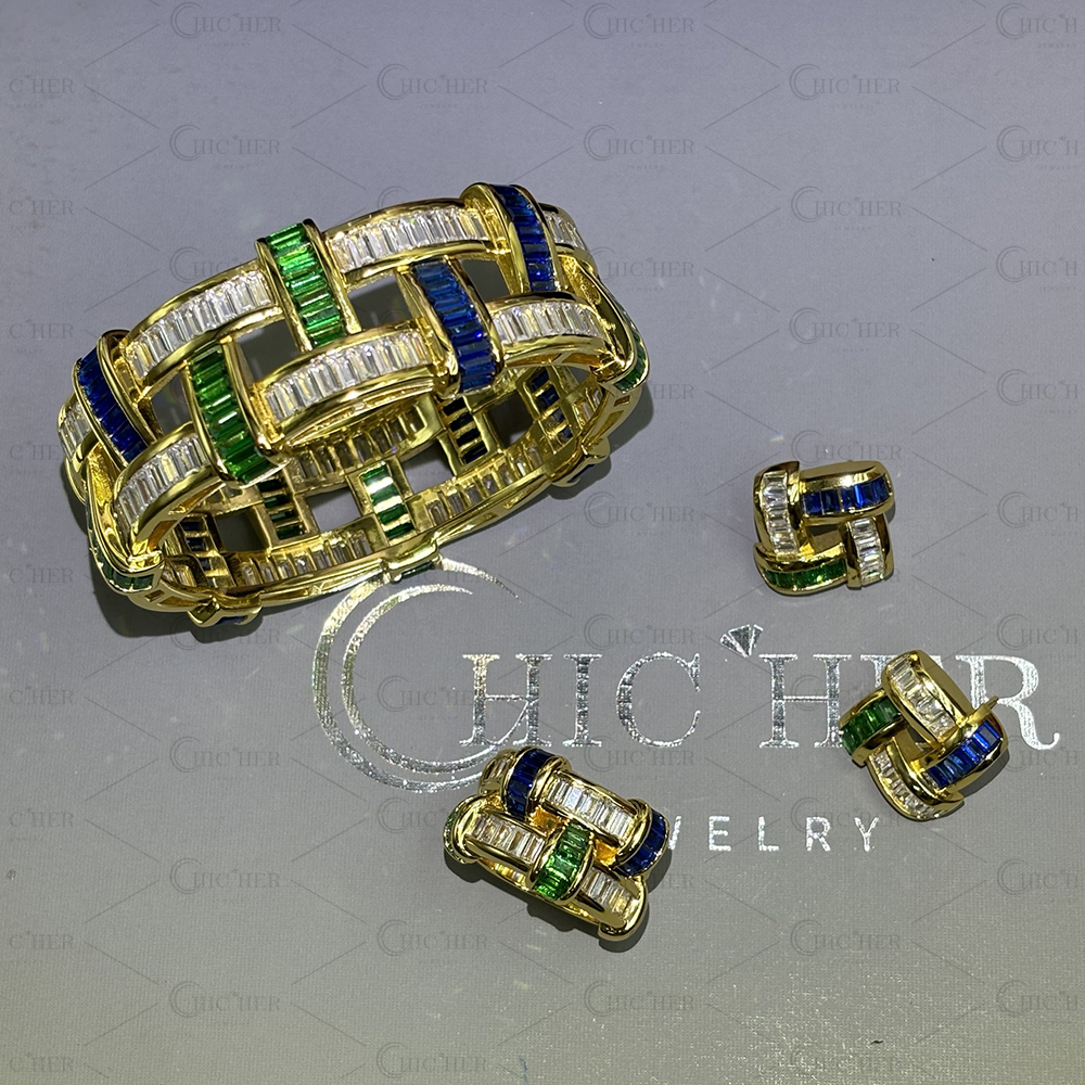 Basket Weave Design Three Tone Gems Jewelry Set/3pcs