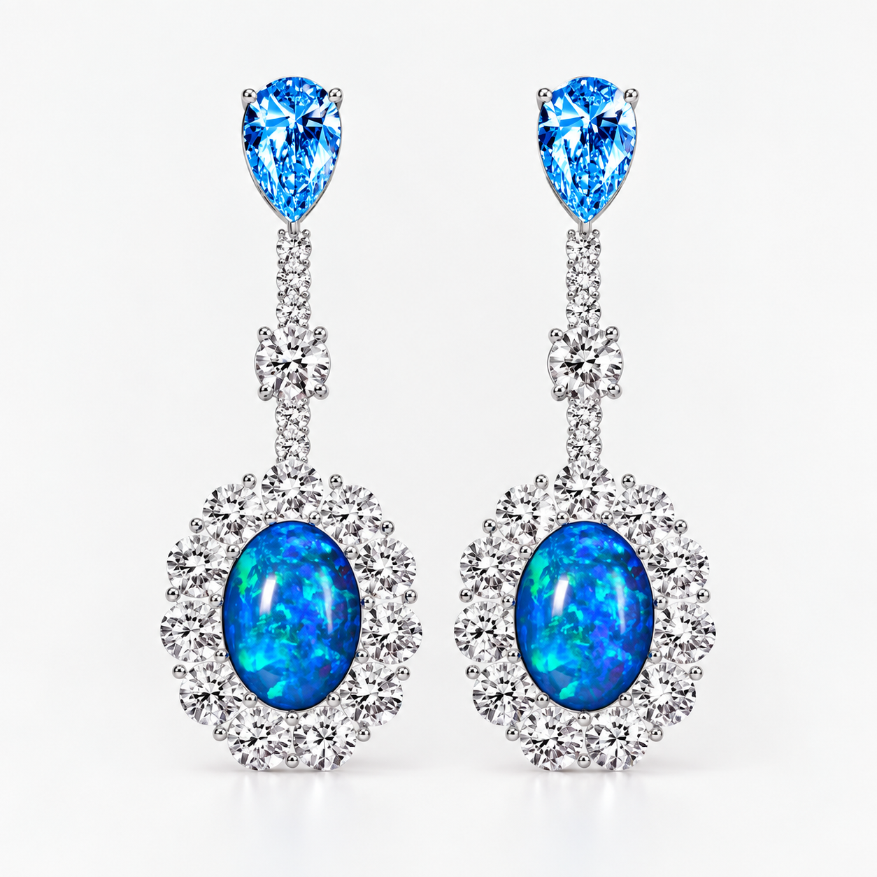 Original Design - Oval Cut Opal &  Aquamarine Sapphire Dangle Earrings