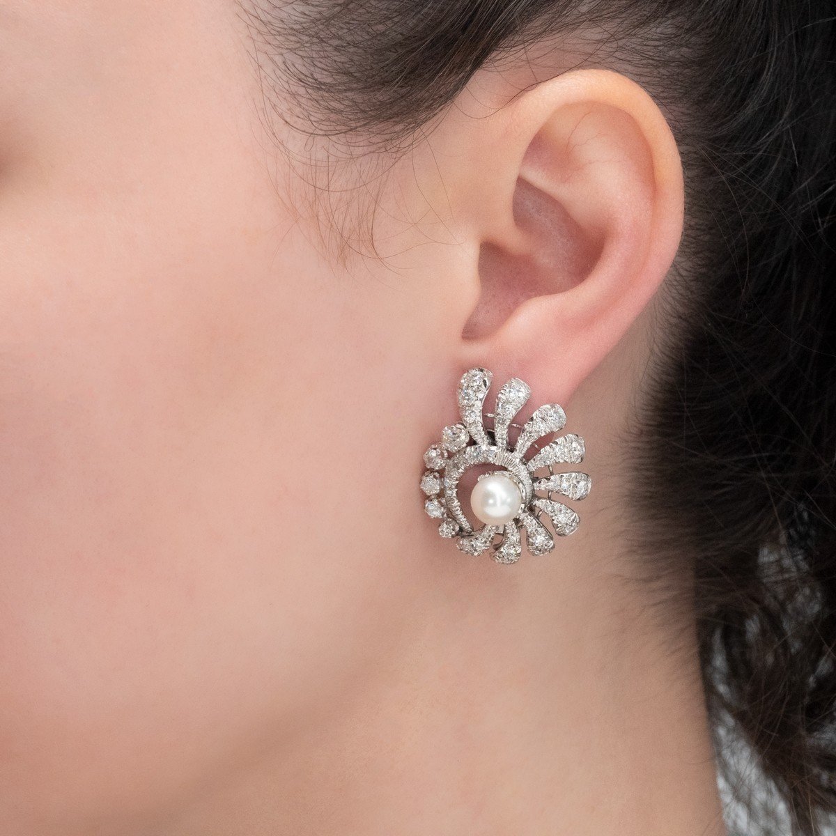 Art Deco Round Cut White Sapphire Pearl Earrings