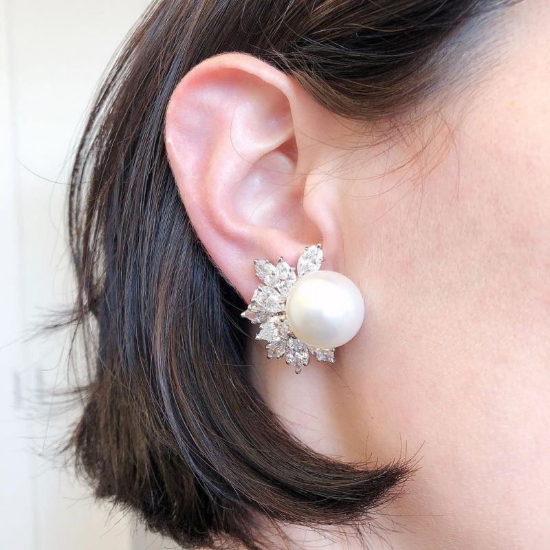 Marquise Cut White Sapphire Pearl Earrings