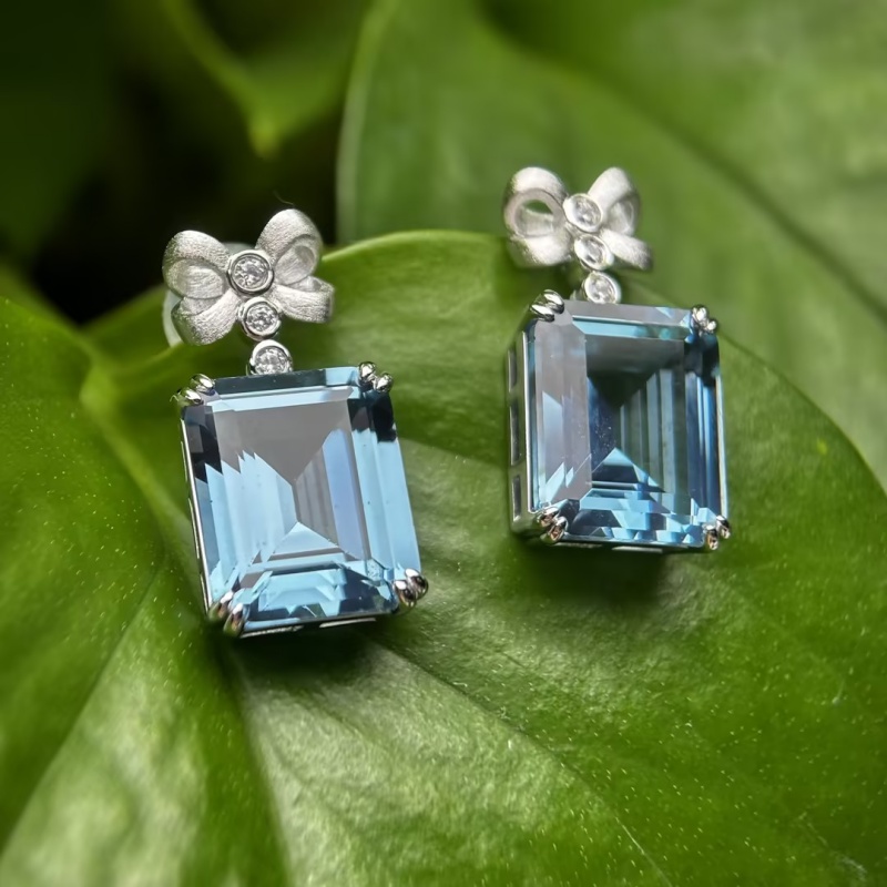 Original Design - Emerald Cut Aquamarine Sapphire Dangle Earrings