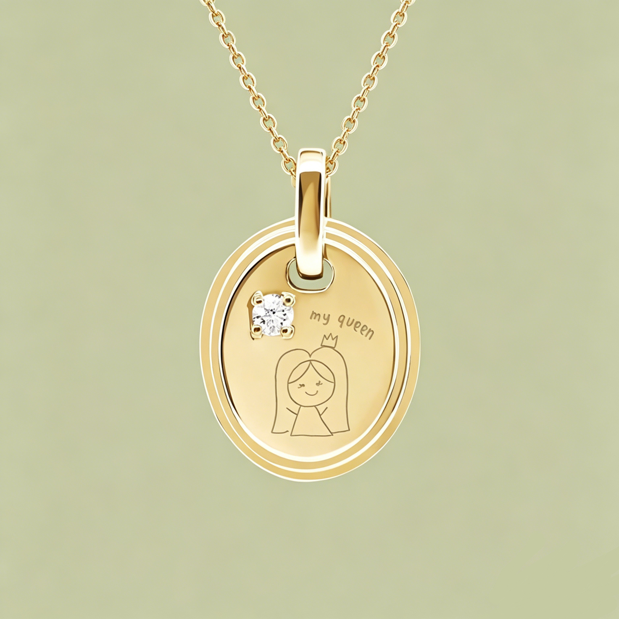 Engraved Oval Charm Necklace with 5 Unique Designs (Diamond Accent)