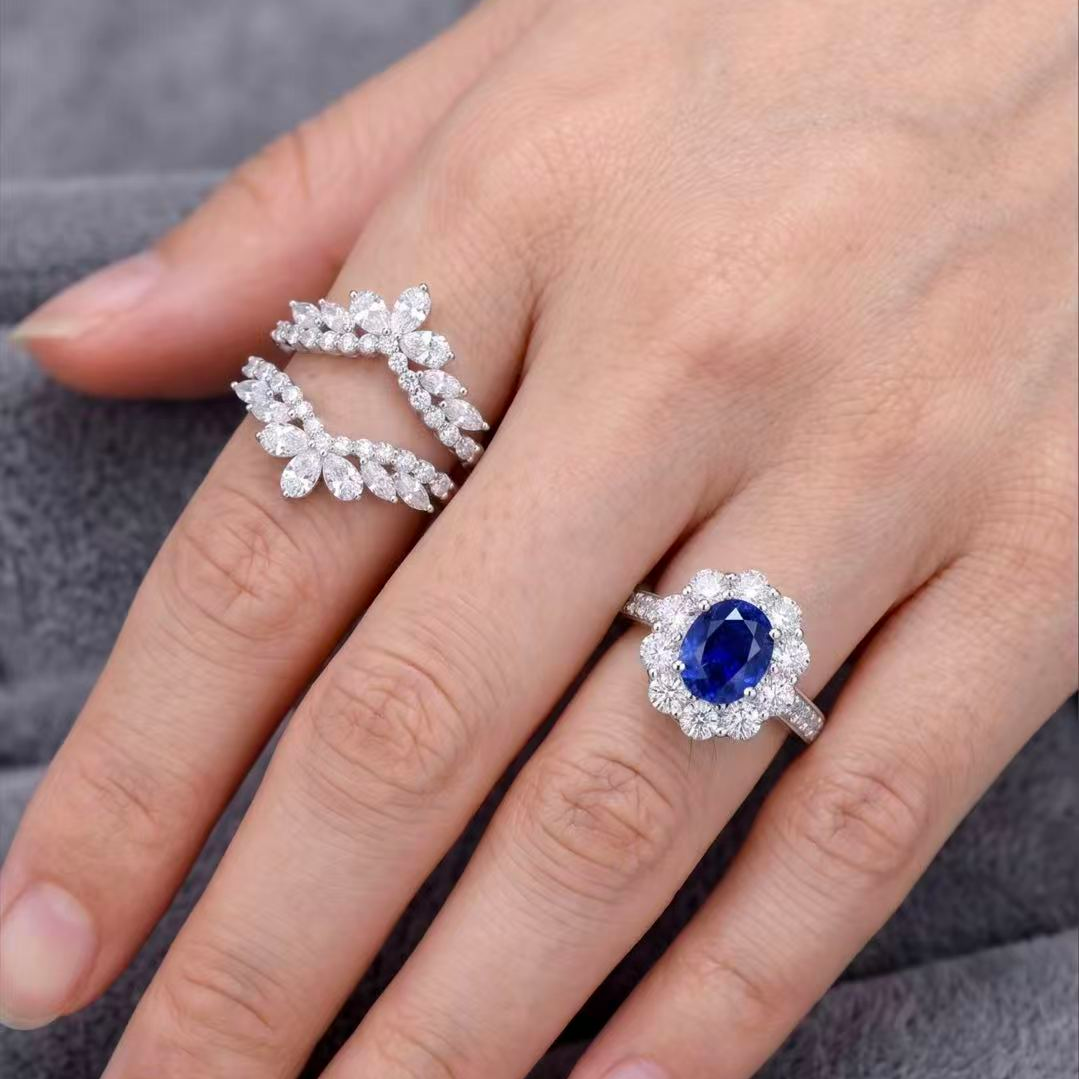 Original Design - 2ct Oval Cut Blue Sapphire & White Moissanite Wedding Set（3pcs）