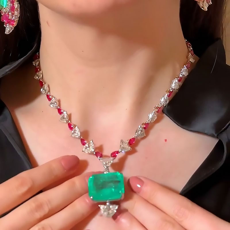 Asscher Cut Emerald Sapphire Pendant Necklace