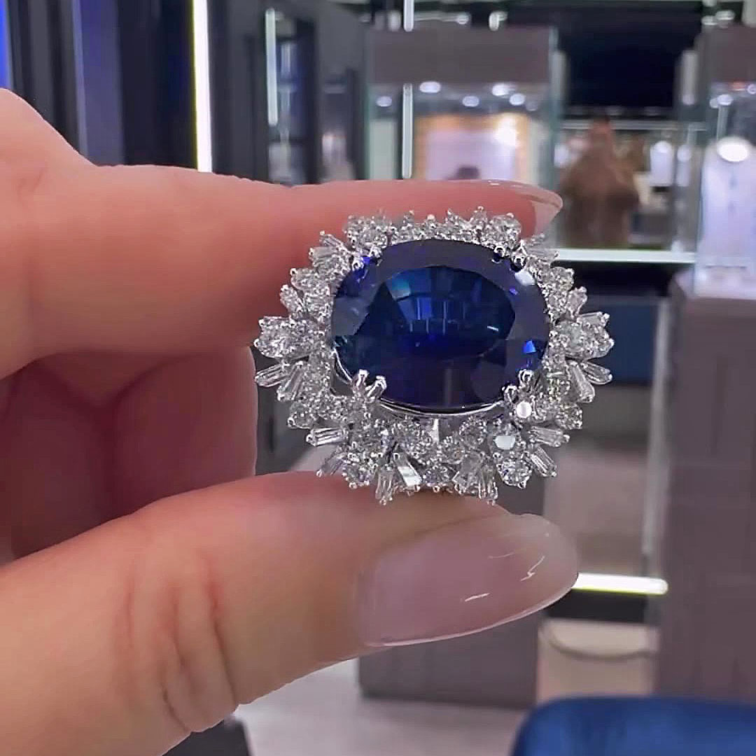 6.75ct Oval Cut Blue Sapphire Engagement Ring