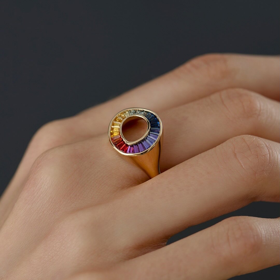 2.75ct Tapered Baguette Cut Rainbow Sapphire Sphere Ring
