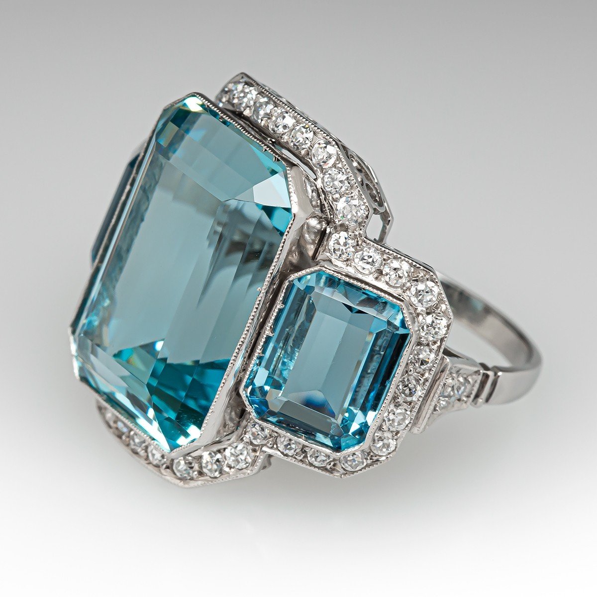 7ct Three-Stone Emerald Cut Aquamarine Cocktail Ring