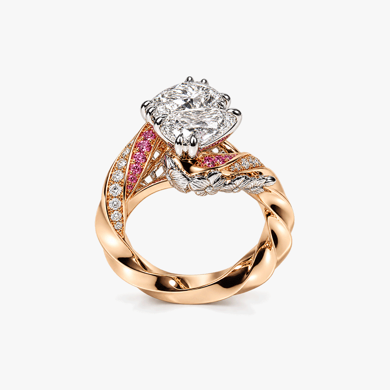 Vintage Toi et Moi Pear Cut White Sapphire Engagement Ring with Sculpted Orchid