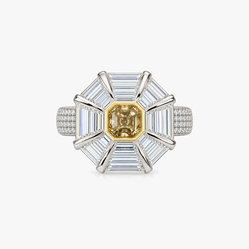 Fashion Asscher Cut Orangy Yellow Sapphire Sunburst Halo Engagement Ring