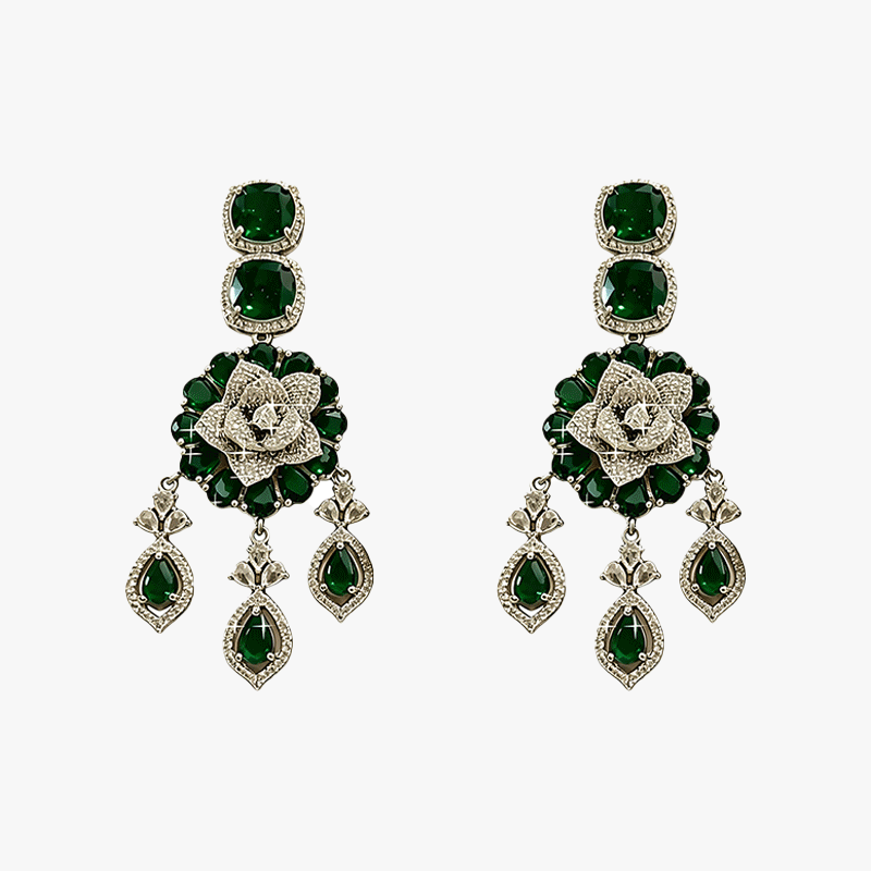 Cushion Cut Emerald & Multiple Cut White Sapphire Dangle Earrings