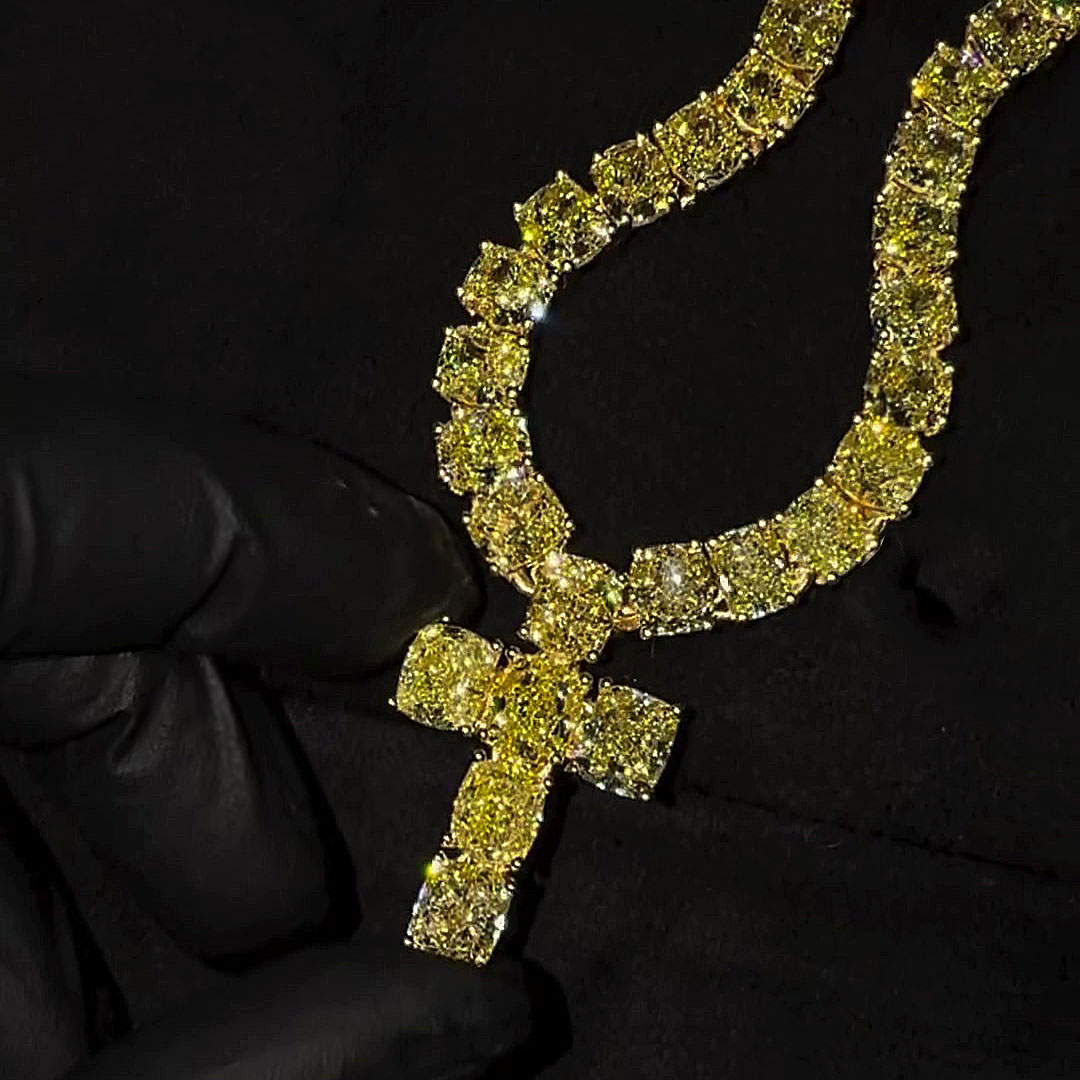 Cushion Cut Yellow Sapphire Pendant Cross Men's Necklace