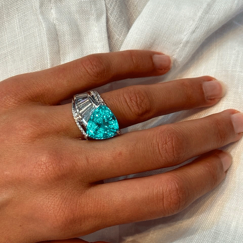 4.25ct Trillion Cut Paraiba & Trapezoid White Sapphire Cocktail Ring