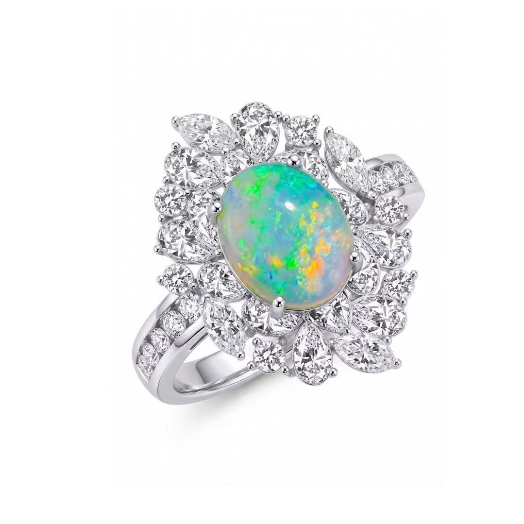 Original Design - Oval Cabochon Cut Opal & White Moissanite Engagement Ring