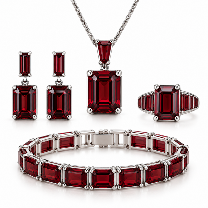 Emerald Cut Garnet Sapphire Jewelry Set / 4pcs