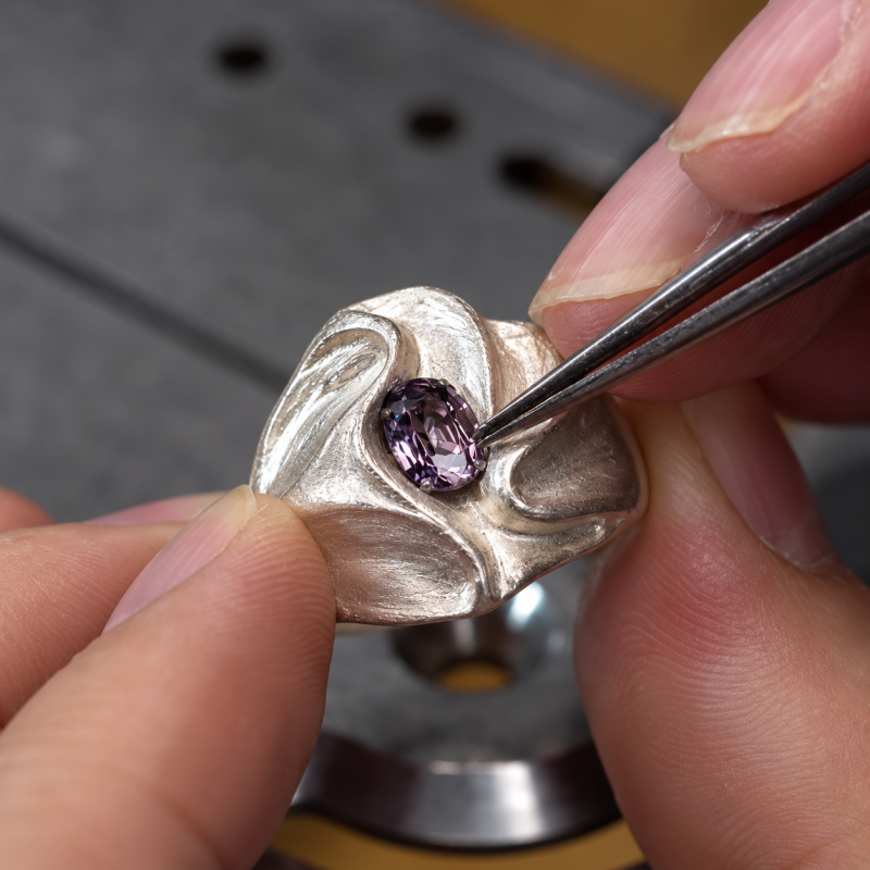 Art 1.25ct Oval Cut Purple Sapphire Fluid Brushed Textured Men's Ring