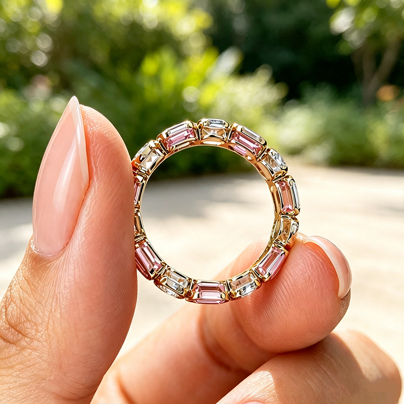 Fashion 5.58ctw Emerald Cut Pink & Round Cut White Sapphire Wedding Bands