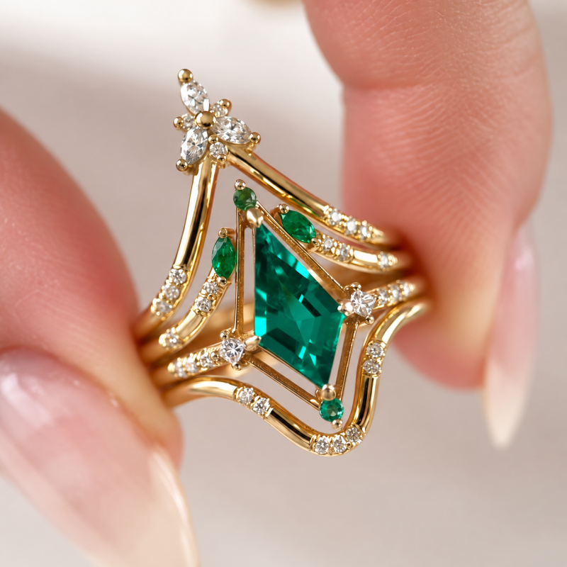 Fashion 1.25ct Kite Cut Emerald Sapphire Chevron Cluster Wedding Set / 4pcs
