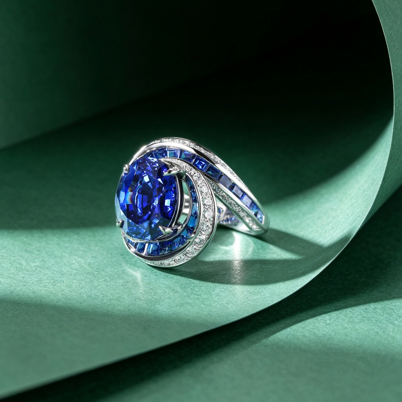 3ct Oval Cut Blue Sapphire Swirl Halo Cocktail Ring