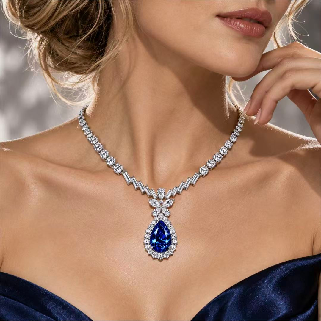Original Design - Luxury Pear Cut Blue Sapphire & White Moissonite Necklace