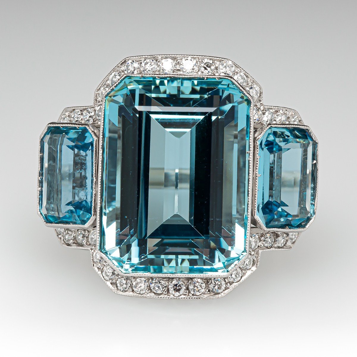 7ct Three-Stone Emerald Cut Aquamarine Cocktail Ring