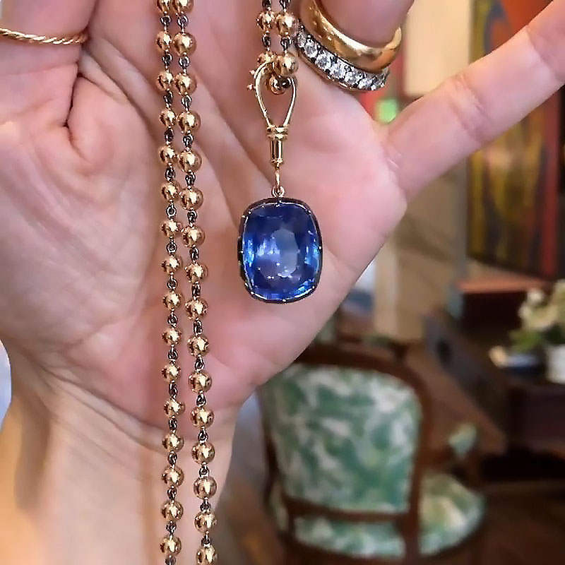 Cushion Cut Blue Sapphire Ball Chain Necklace in Rose Gold