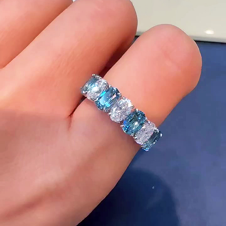 3.5ct Seven-Stone Oval Cut Aquamarine Sapphire Eternity Ring