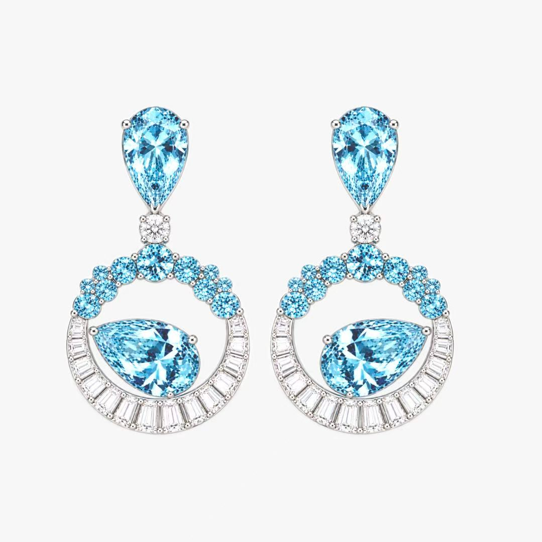 Original Design - Pear Cut Aquamarine Sapphire Dangle Earrings-1 Pair