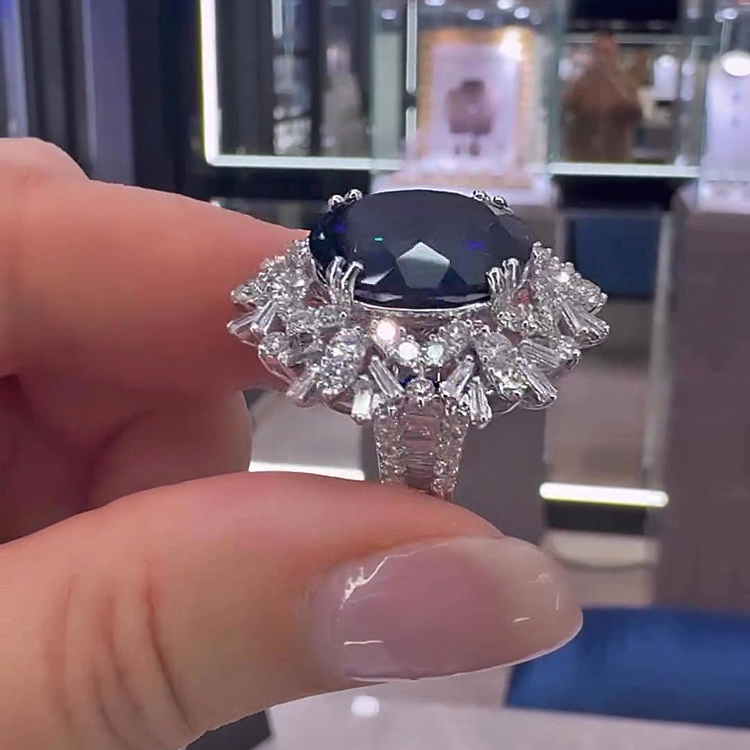 6.75ct Oval Cut Blue Sapphire Engagement Ring