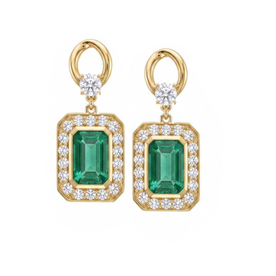 Original Design -  Emerald Cut Emerald  Sapphire Dangle Earrings
