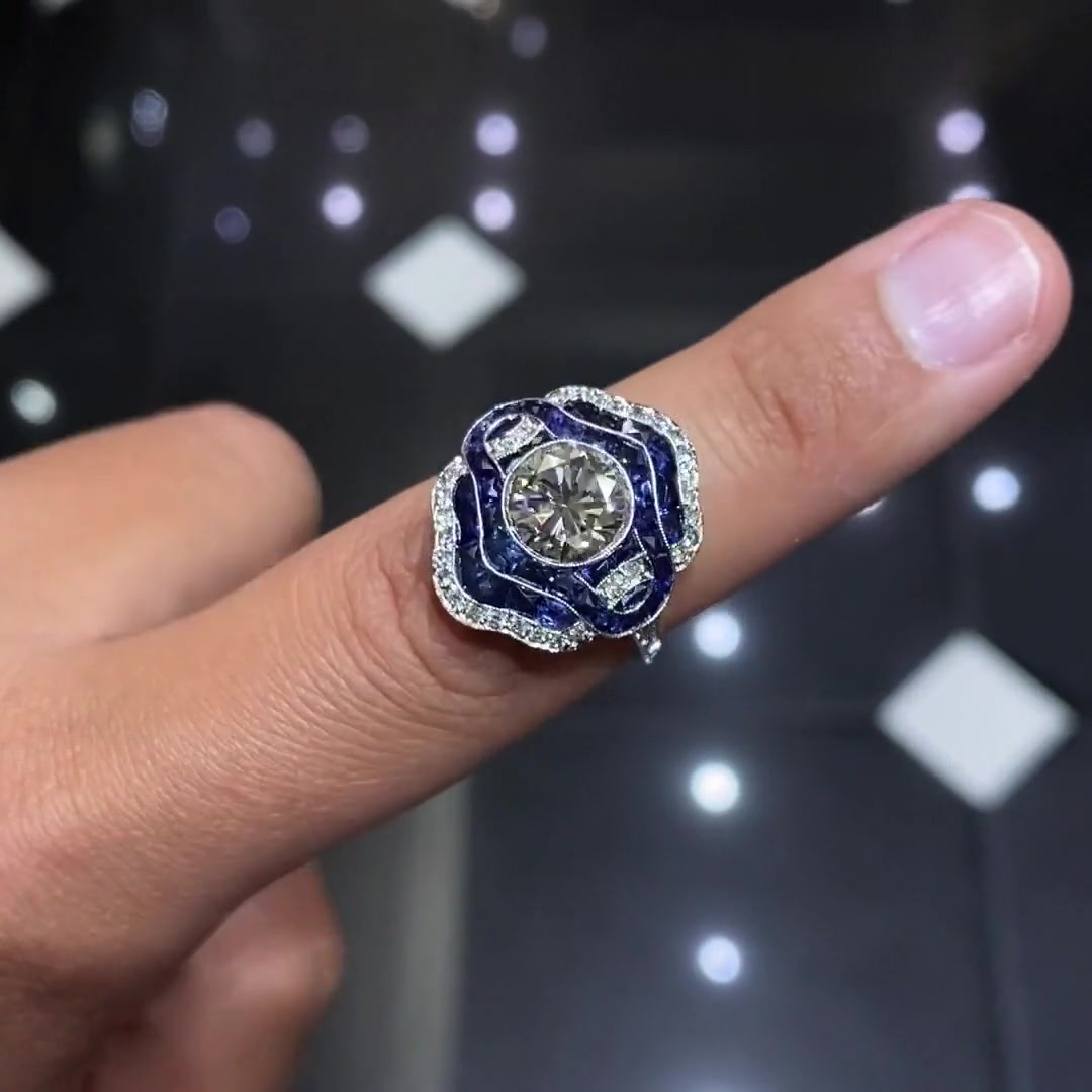 Art Deco Style Blue Sapphire Engagement Ring