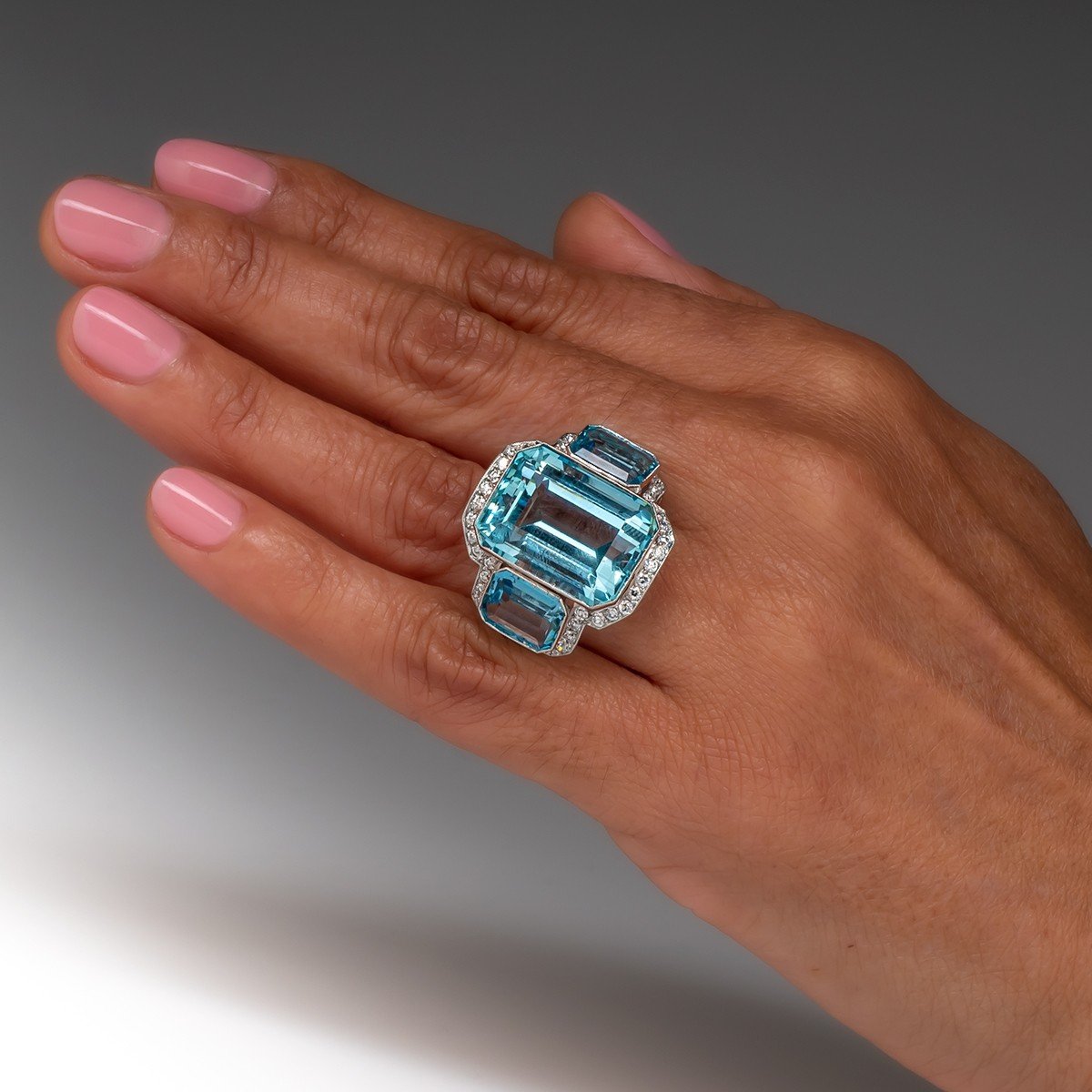7ct Three-Stone Emerald Cut Aquamarine Cocktail Ring