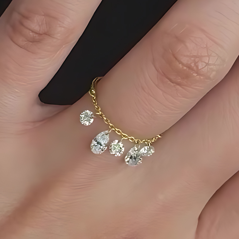 Pear & Round Cut White Sapphire Chain Tassel Dainty Ring