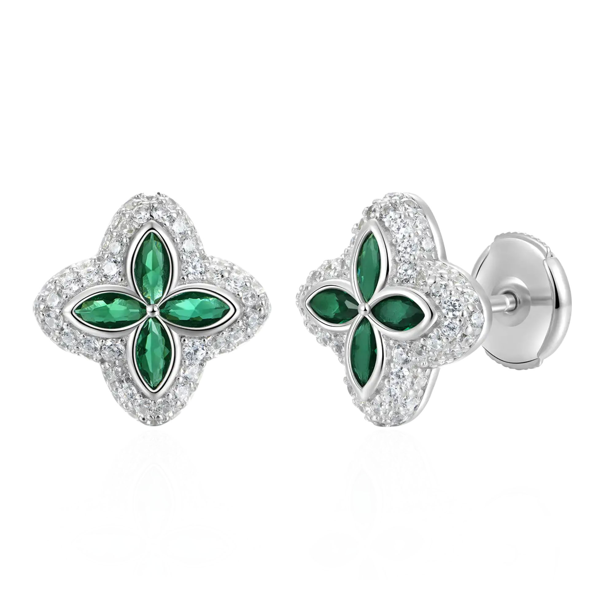 Clover Design Emerald&Diamond Men's Stud Earrings