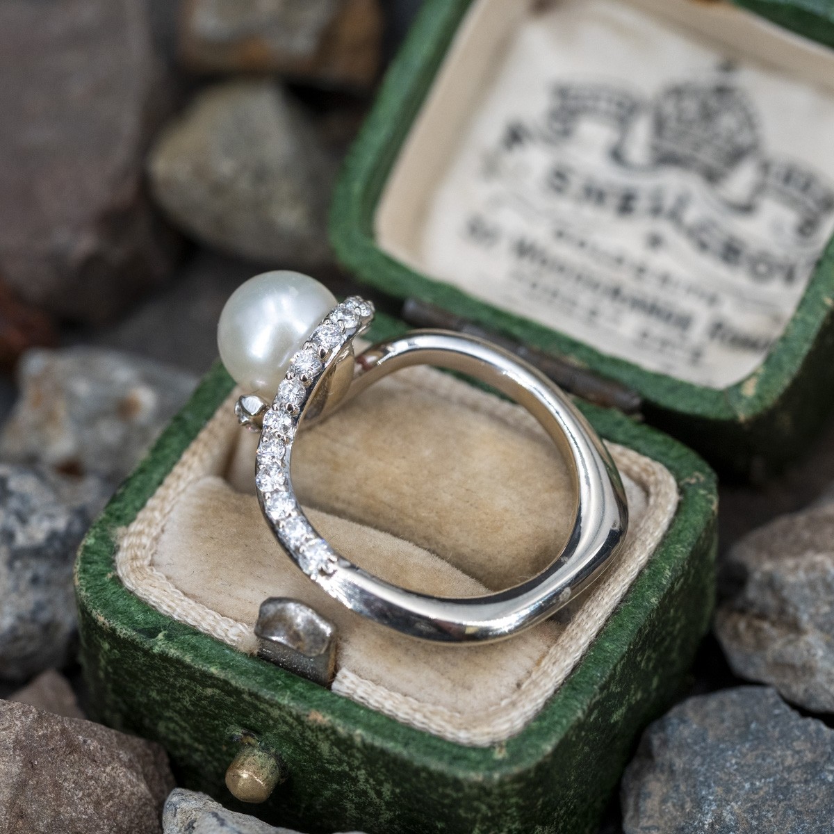 9mm Pearl Round Cut White Sapphire Engagement Ring