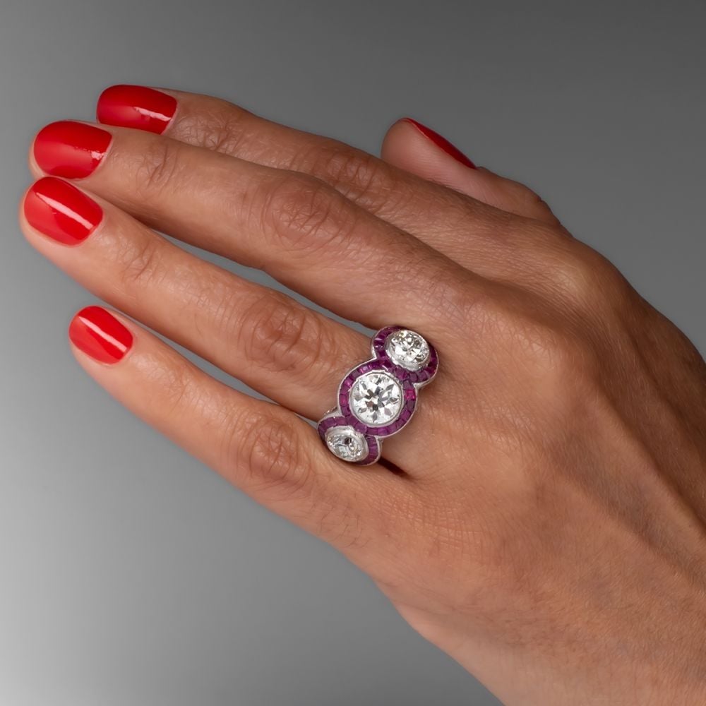 Art Deco Ruby Halo 5ct Round Cut White Sapphire Three Stone Ring