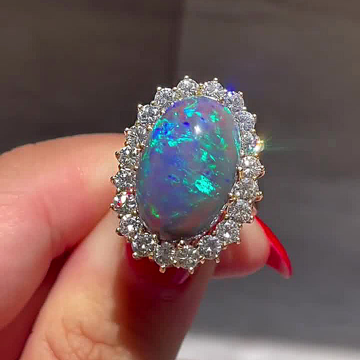 7ct Halo Oval Cut Black Opal Sapphire Engagement Ring