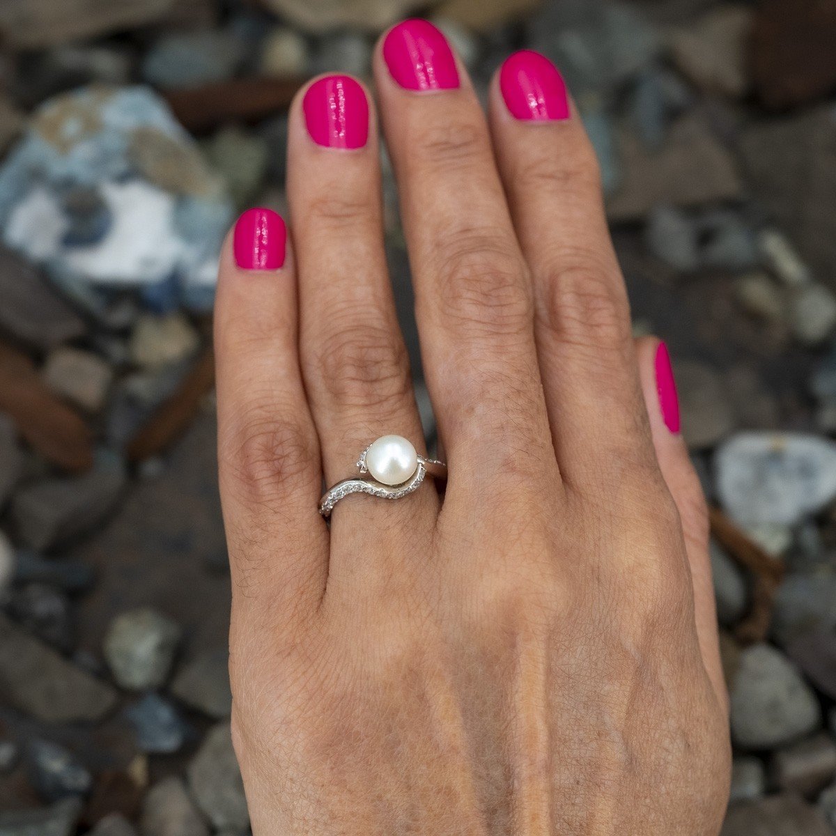 9mm Pearl Round Cut White Sapphire Engagement Ring