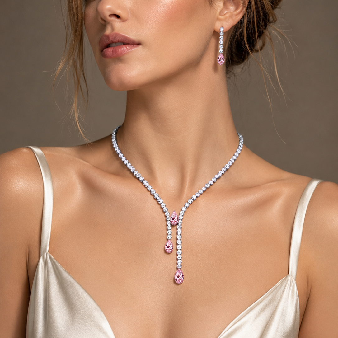 Original Design - Pear Cut Pink Sapphire & White Moissanite Necklace