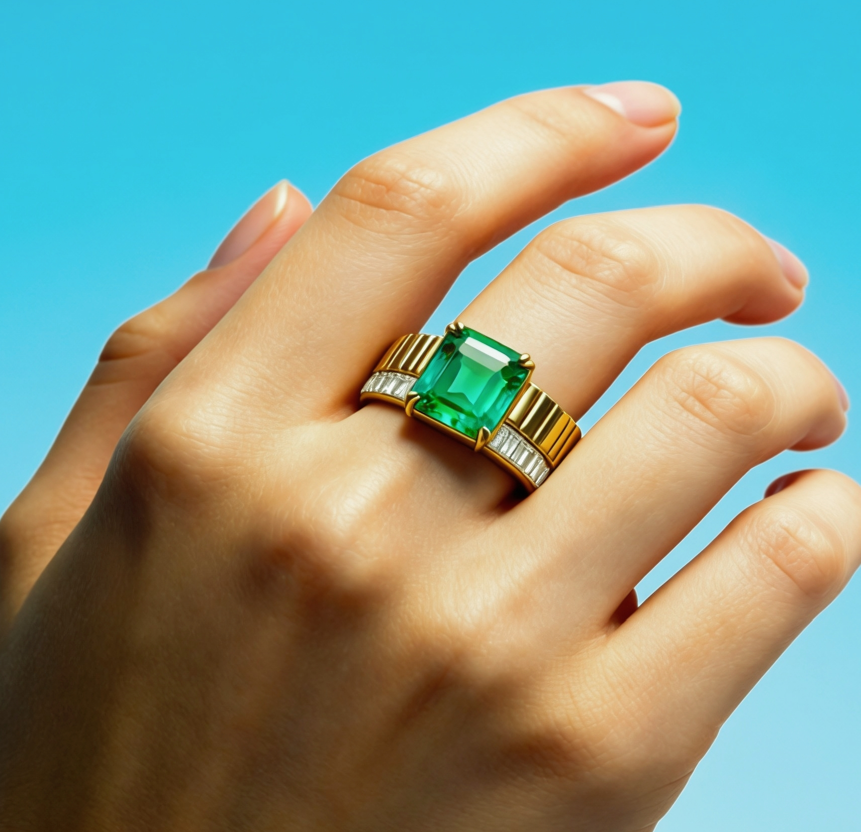 Original Design - 3ct Emerald Cut Emerald and Aquamarine Sapphire Engagement Ring