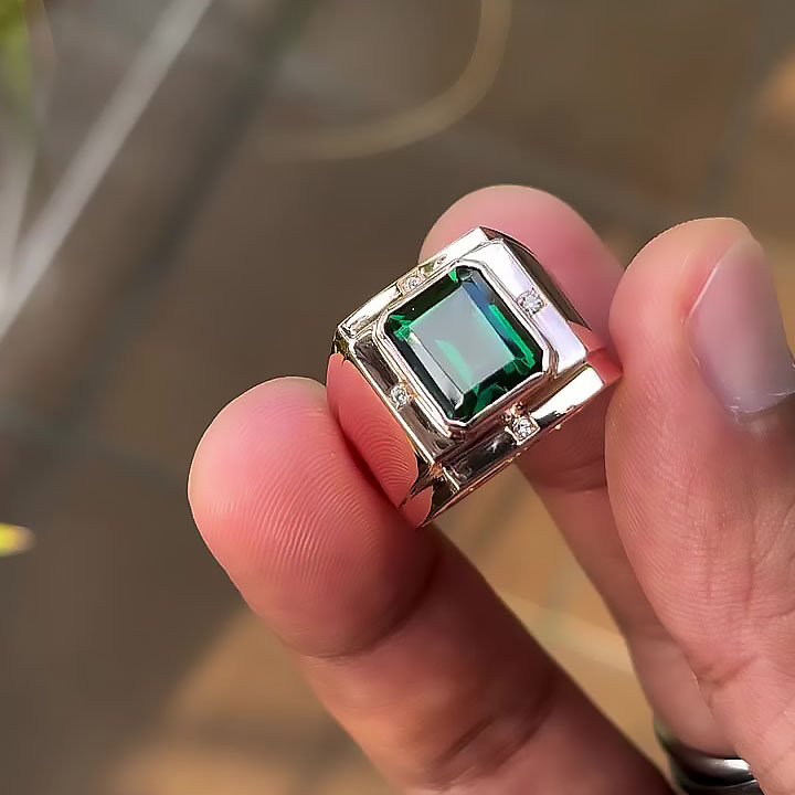 4ct Bezel Setting Emerald Cut Emerald Sapphire Men's Engagement Ring